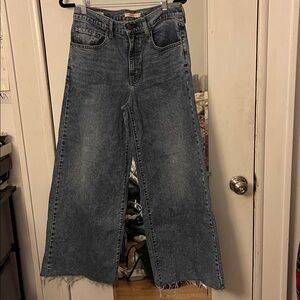 Super cool:  Levi’s 728 high rise, frayed hem, wide leg denim